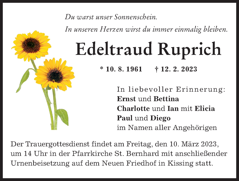 Traueranzeige von Edeltraud Ruprich von Friedberger Allgemeine