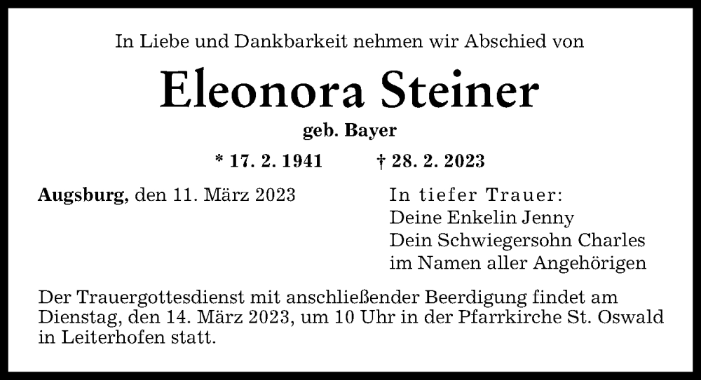 Traueranzeige von Eleonora Steiner von Augsburger Allgemeine