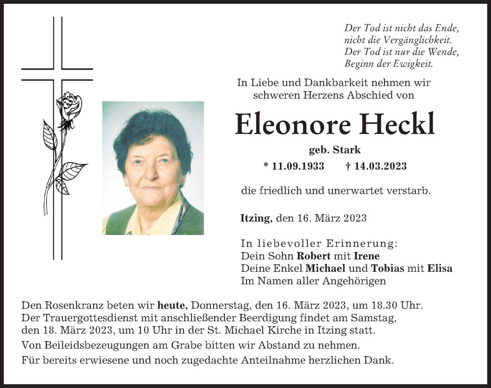 Traueranzeige von Eleonore Heckl von Donauwörther Zeitung
