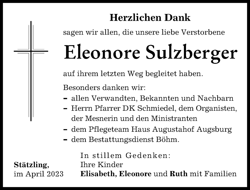  Traueranzeige für Eleonore Sulzberger vom 01.04.2023 aus Friedberger Allgemeine