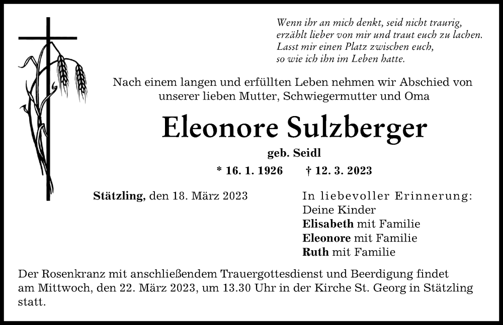 Traueranzeige von Eleonore Sulzberger von Friedberger Allgemeine