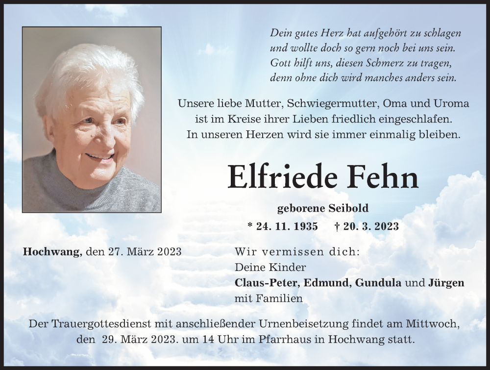  Traueranzeige für Elfriede Fehn vom 27.03.2023 aus Günzburger Zeitung
