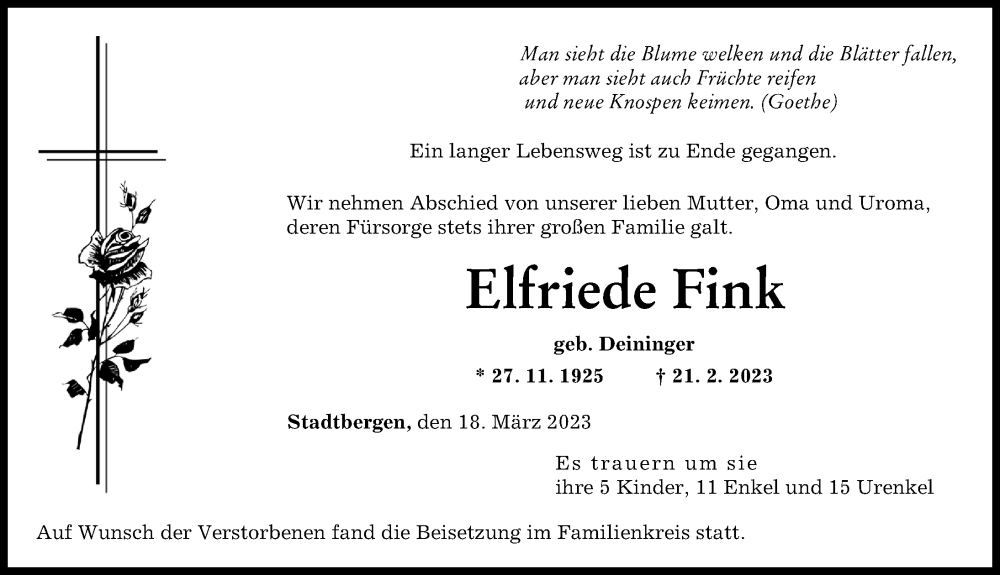  Traueranzeige für Elfriede Fink vom 18.03.2023 aus Augsburger Allgemeine