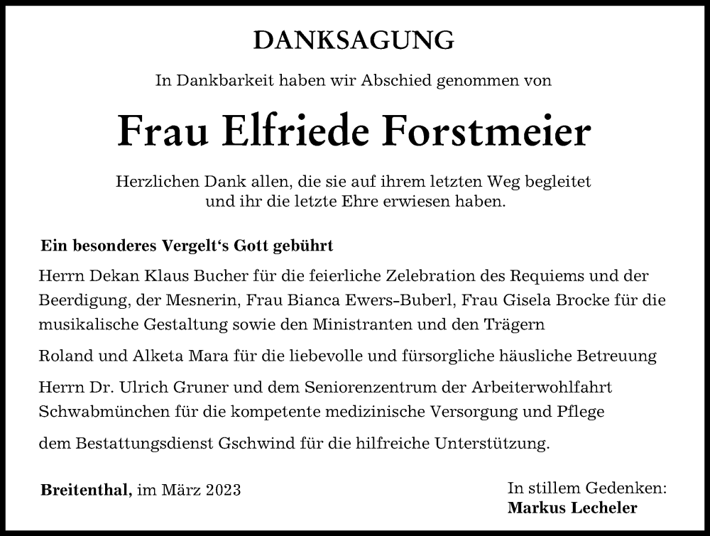 Traueranzeige von Elfriede Forstmeier von Schwabmünchner Allgemeine, Mittelschwäbische Nachrichten