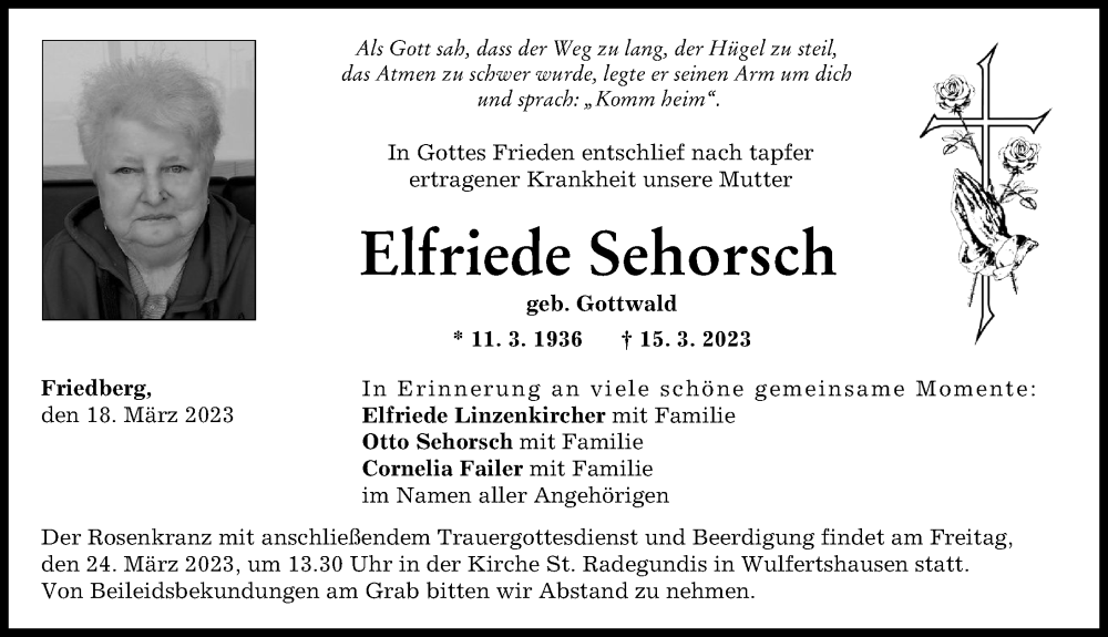  Traueranzeige für Elfriede Sehorsch vom 18.03.2023 aus Friedberger Allgemeine