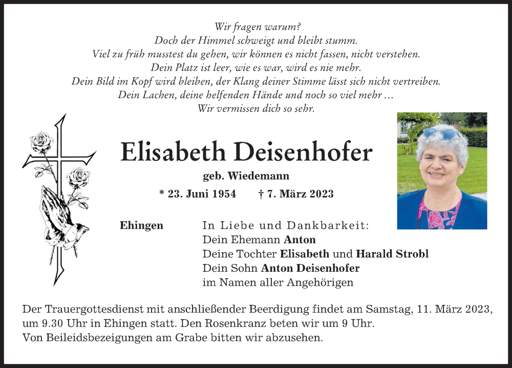 Traueranzeige von Elisabeth Deisenhofer von Donauwörther Zeitung, Augsburg-Land
