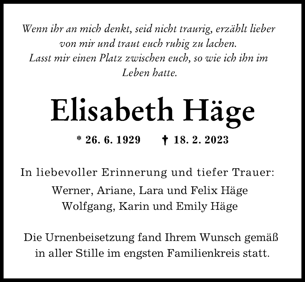 Traueranzeige für Elisabeth Häge vom 25.03.2023 aus Augsburger Allgemeine