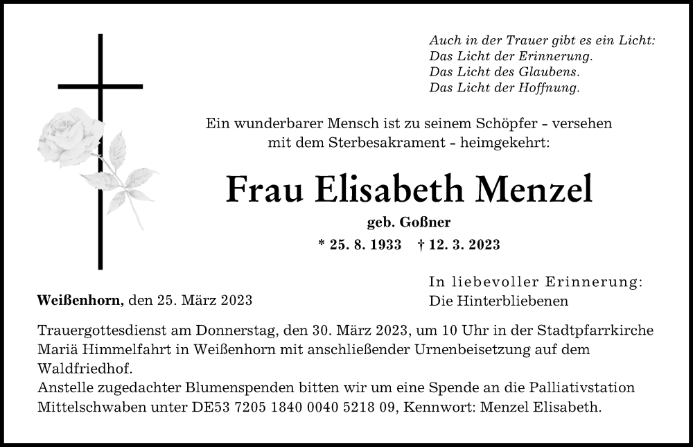  Traueranzeige für Elisabeth Menzel vom 25.03.2023 aus Neu-Ulmer Zeitung