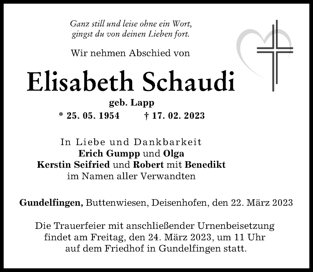  Traueranzeige für Elisabeth Schaudi vom 22.03.2023 aus Donau Zeitung