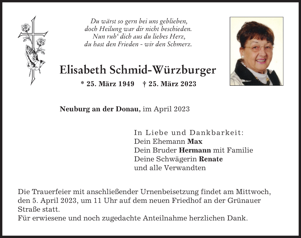 Traueranzeige von Elisabeth Schmid-Würzburger von Neuburger Rundschau