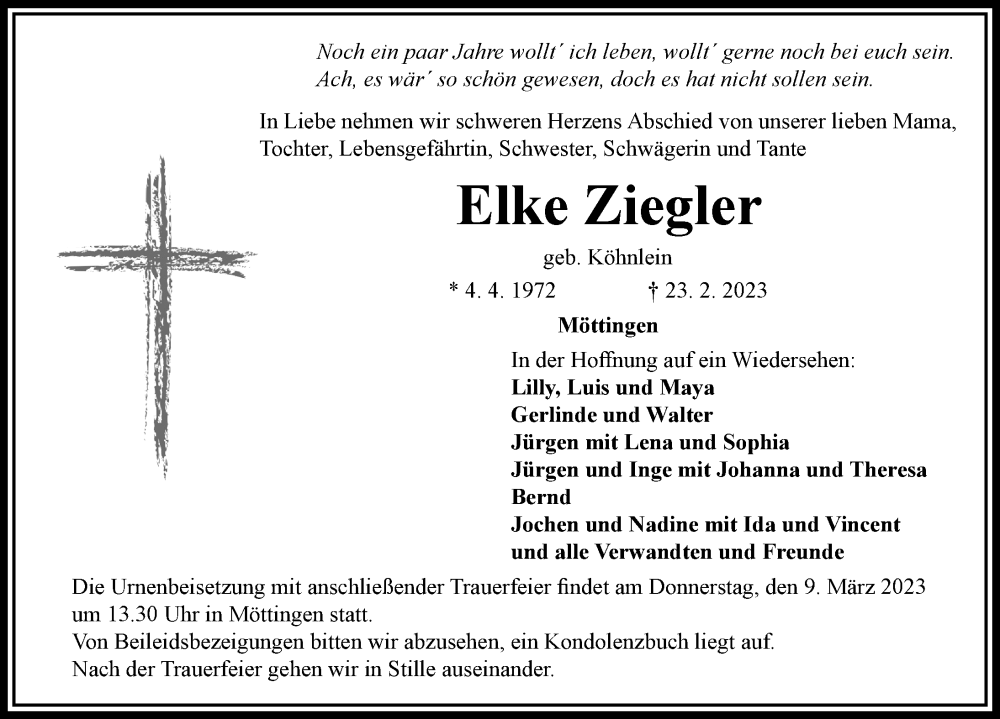  Traueranzeige für Elke Ziegler vom 06.03.2023 aus Rieser Nachrichten
