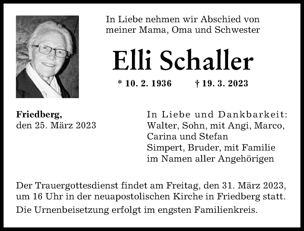  Traueranzeige für Elli Schaller vom 25.03.2023 aus Augsburger Allgemeine