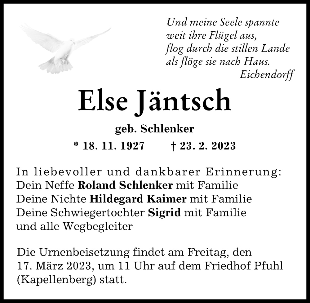  Traueranzeige für Else Jäntsch vom 14.03.2023 aus Neu-Ulmer Zeitung