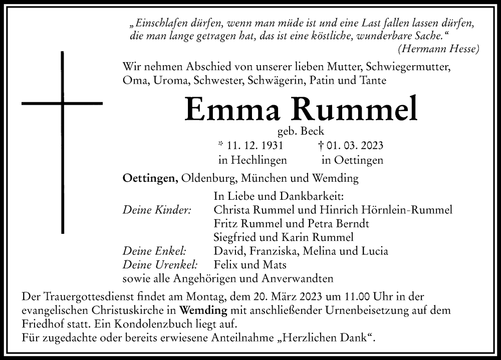  Traueranzeige für Emma Rummel vom 16.03.2023 aus Rieser Nachrichten