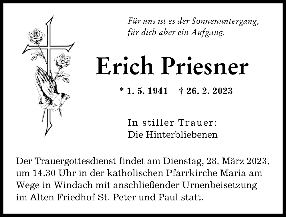  Traueranzeige für Erich Priesner vom 25.03.2023 aus Landsberger Tagblatt