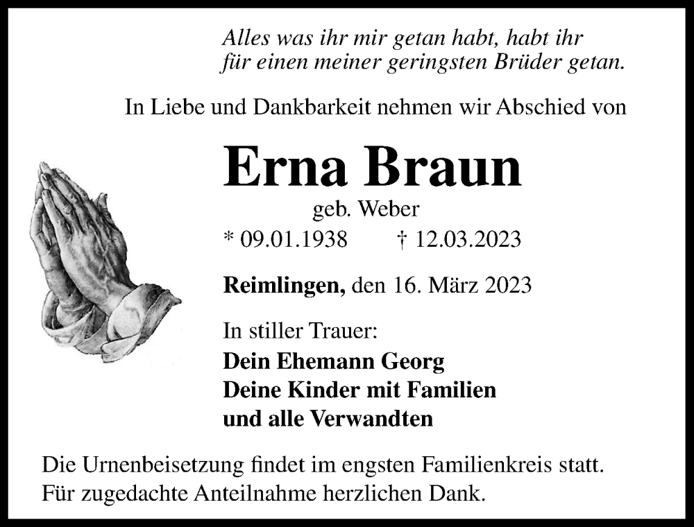  Traueranzeige für Erna Braun vom 16.03.2023 aus Rieser Nachrichten