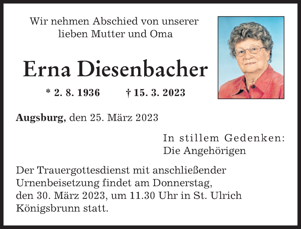  Traueranzeige für Erna Diesenbacher vom 25.03.2023 aus Augsburger Allgemeine