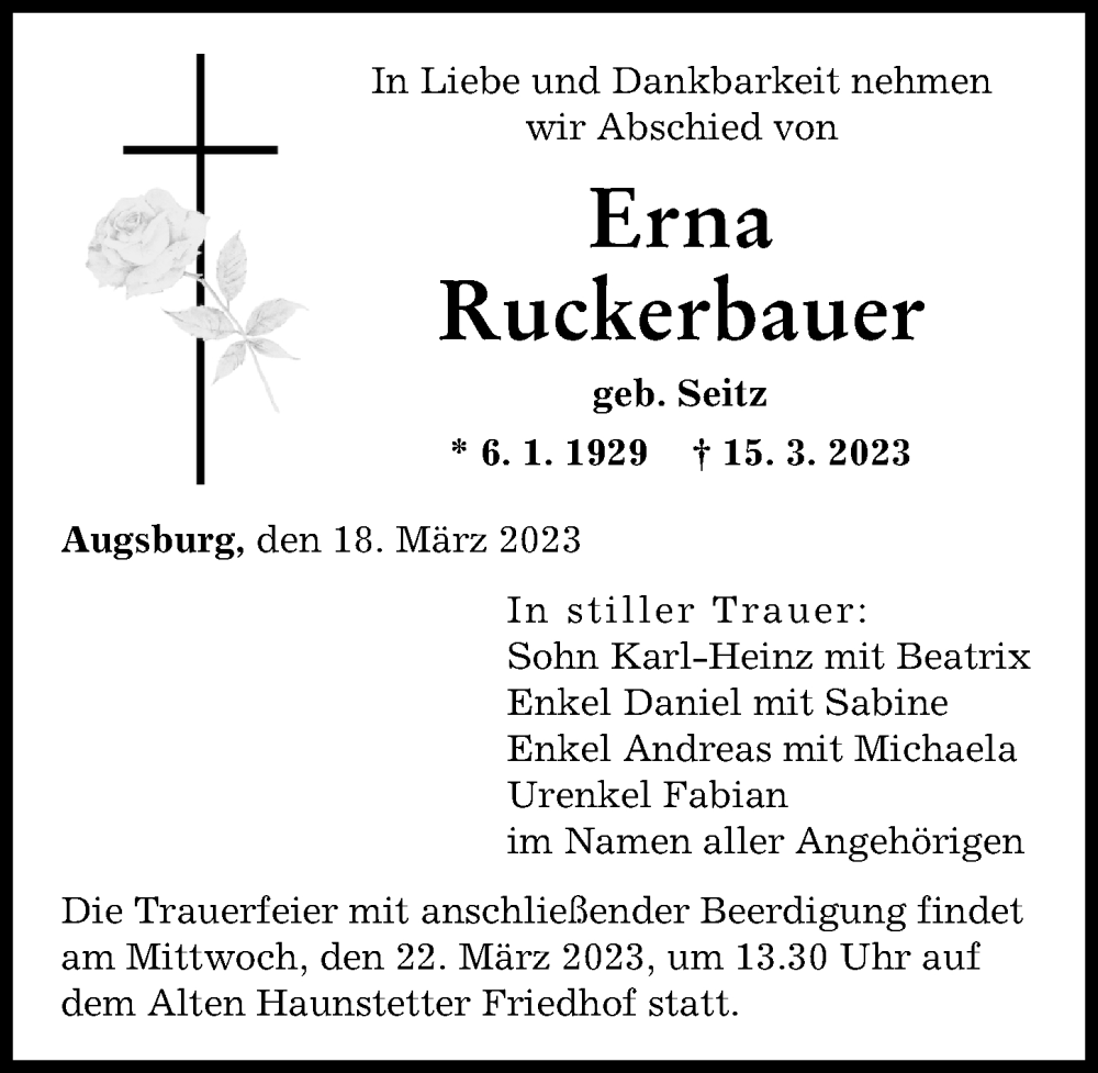  Traueranzeige für Erna Ruckerbauer vom 18.03.2023 aus Augsburger Allgemeine