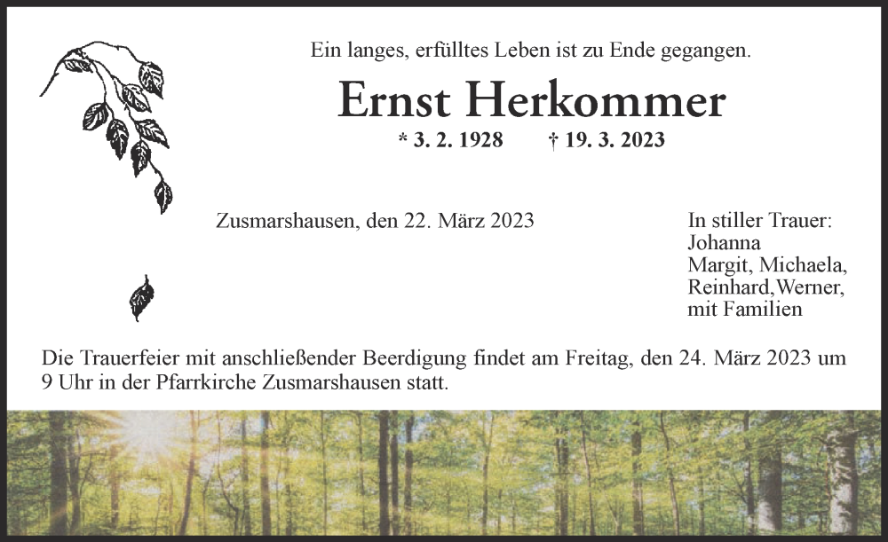 Traueranzeige von Ernst Herkommer von Augsburg-Land