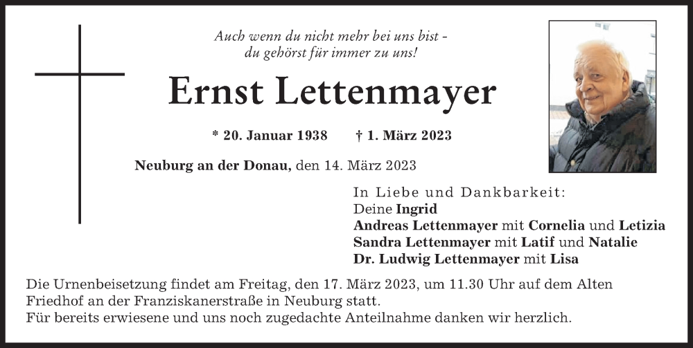  Traueranzeige für Ernst Lettenmayer vom 14.03.2023 aus Neuburger Rundschau