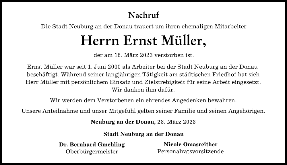  Traueranzeige für Ernst Müller vom 28.03.2023 aus Neuburger Rundschau