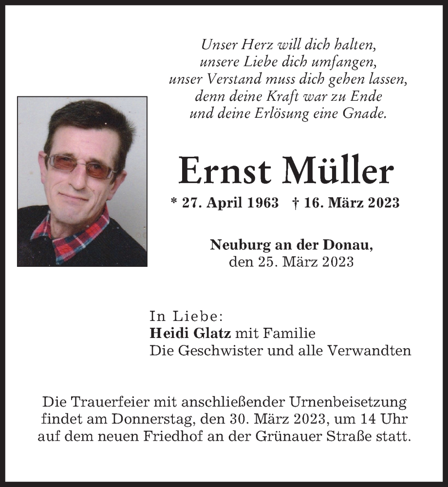  Traueranzeige für Ernst Müller vom 25.03.2023 aus Neuburger Rundschau