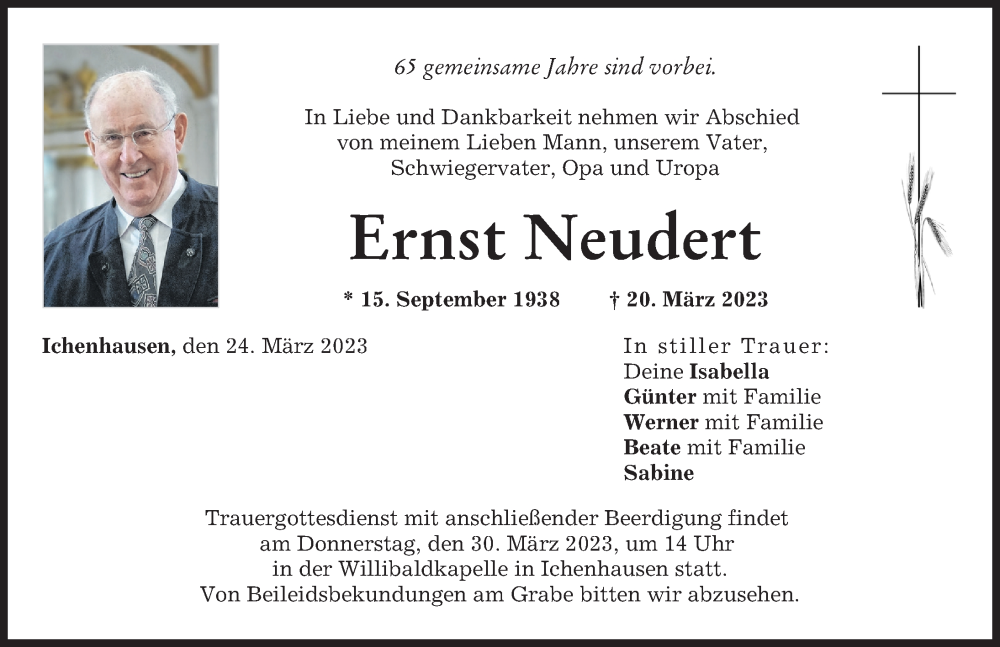  Traueranzeige für Ernst Neudert vom 24.03.2023 aus Günzburger Zeitung
