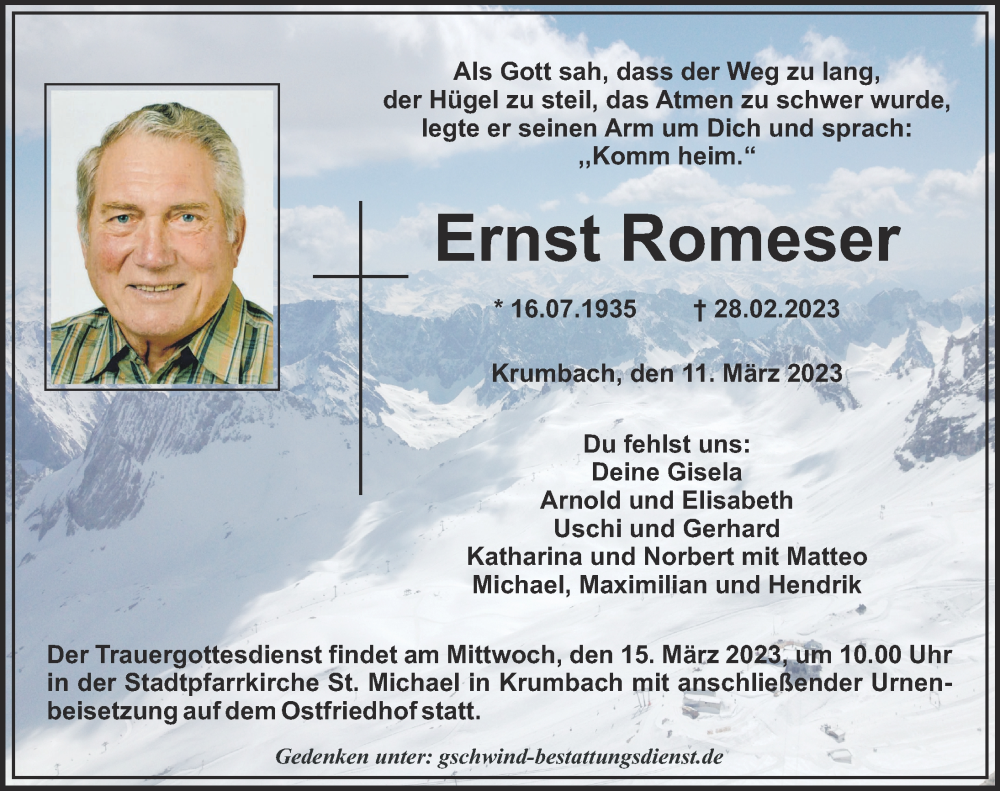Traueranzeige von Ernst Romeser von Mittelschwäbische Nachrichten