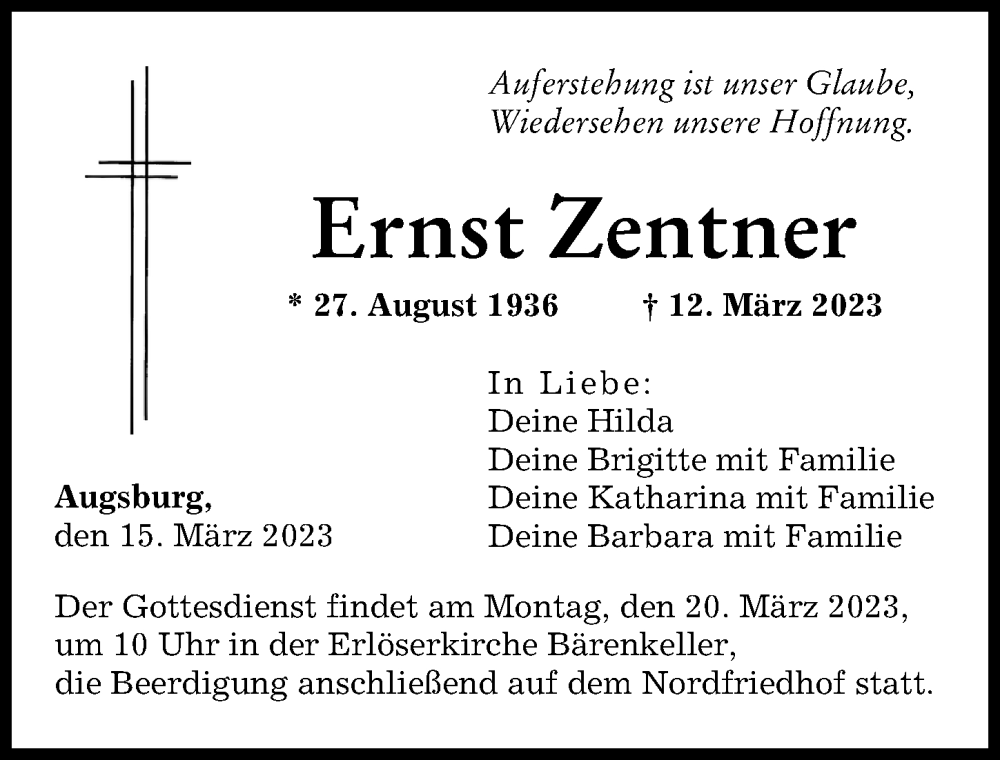  Traueranzeige für Ernst Zentner vom 15.03.2023 aus Augsburger Allgemeine
