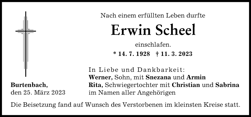  Traueranzeige für Erwin Scheel vom 25.03.2023 aus Günzburger Zeitung