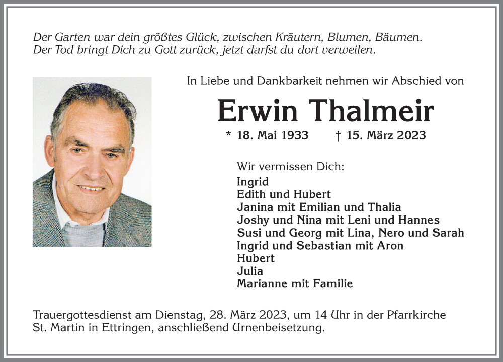  Traueranzeige für Erwin Thalmeir vom 25.03.2023 aus Mindelheimer Zeitung
