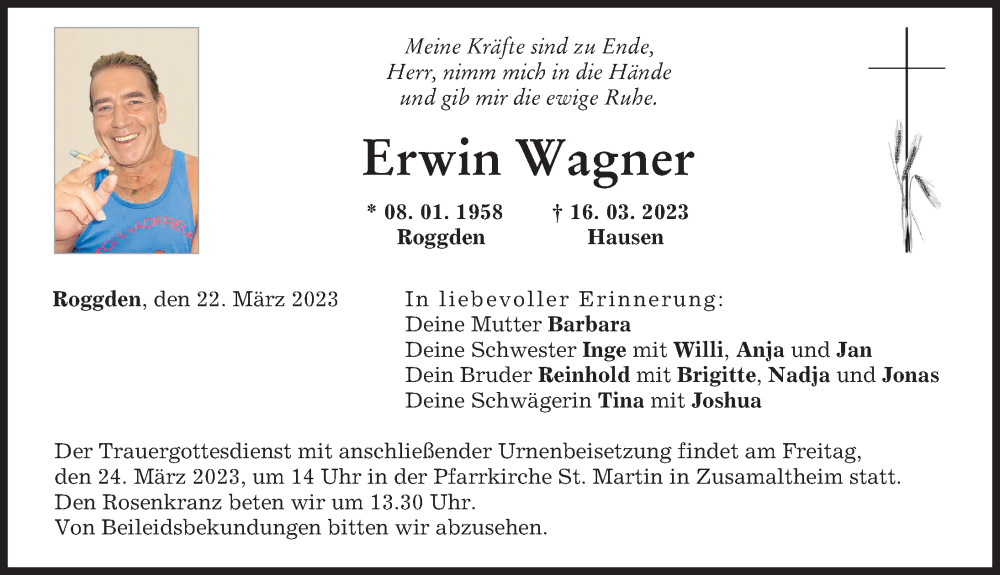  Traueranzeige für Erwin Wagner vom 22.03.2023 aus Wertinger Zeitung, Donau Zeitung