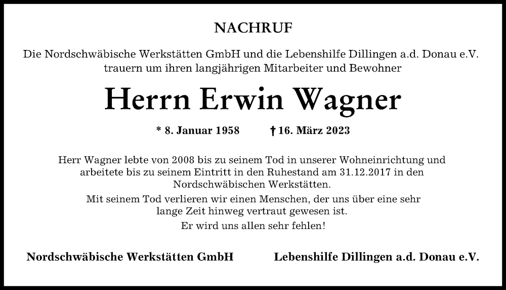  Traueranzeige für Erwin Wagner vom 24.03.2023 aus Wertinger Zeitung, Donau Zeitung
