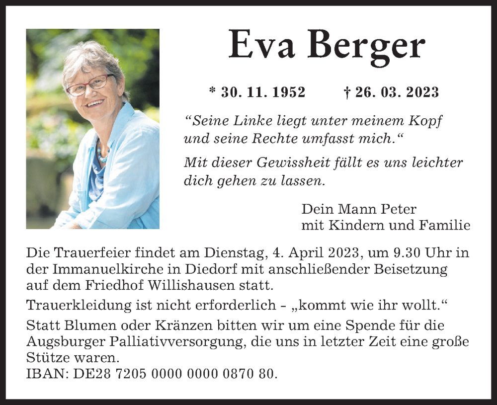 Traueranzeige von Eva Berger von Augsburger Allgemeine