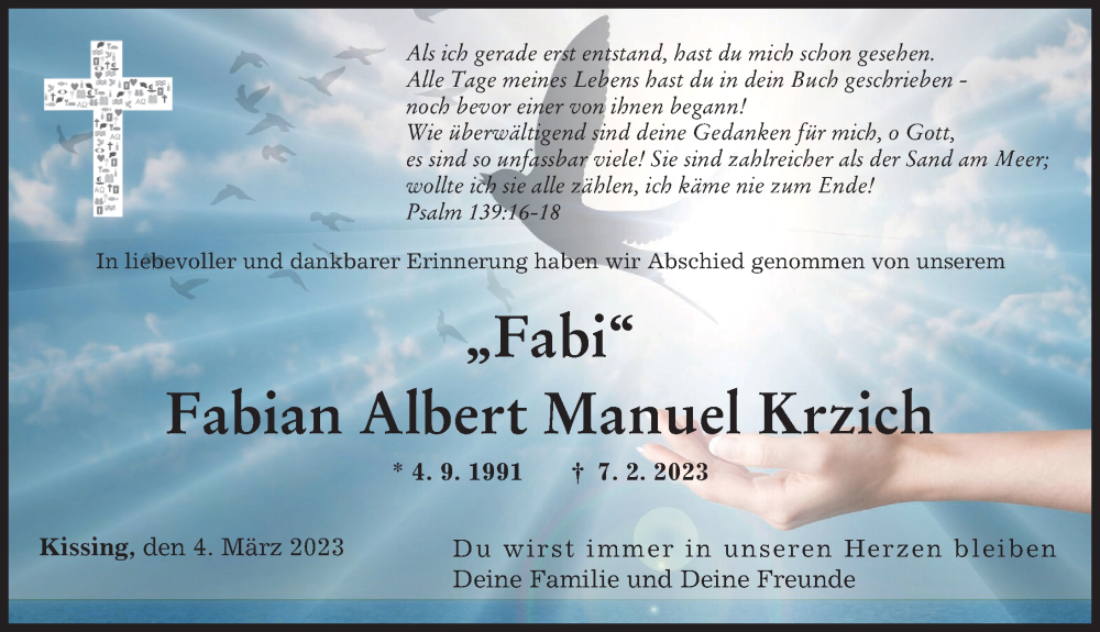 Traueranzeige von Fabian Albert Manuel Krzich von Friedberger Allgemeine