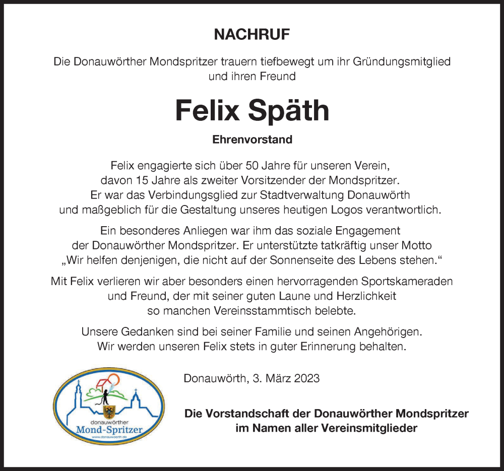  Traueranzeige für Felix Späth vom 03.03.2023 aus Donauwörther Zeitung