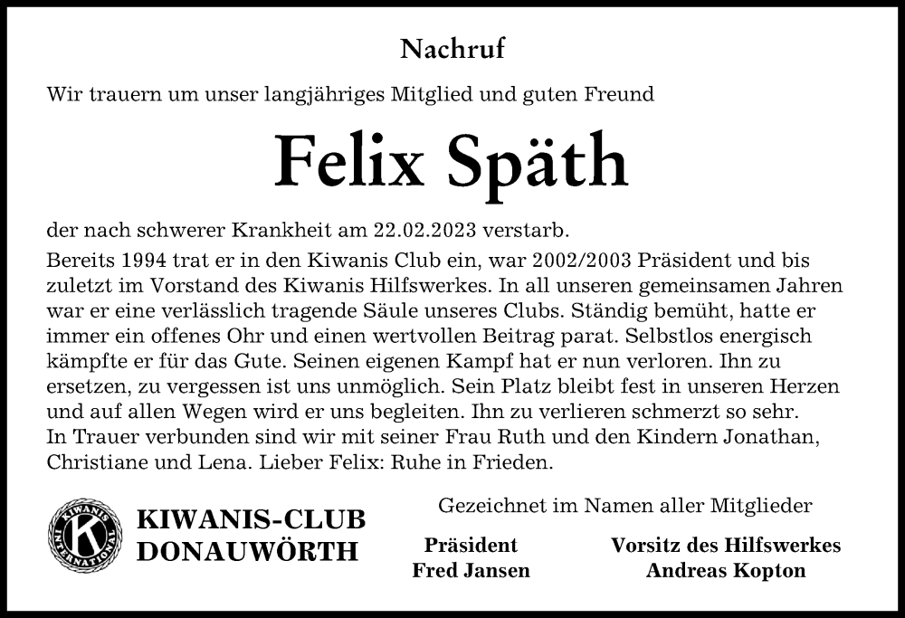 Traueranzeige von Felix Späth von Donauwörther Zeitung