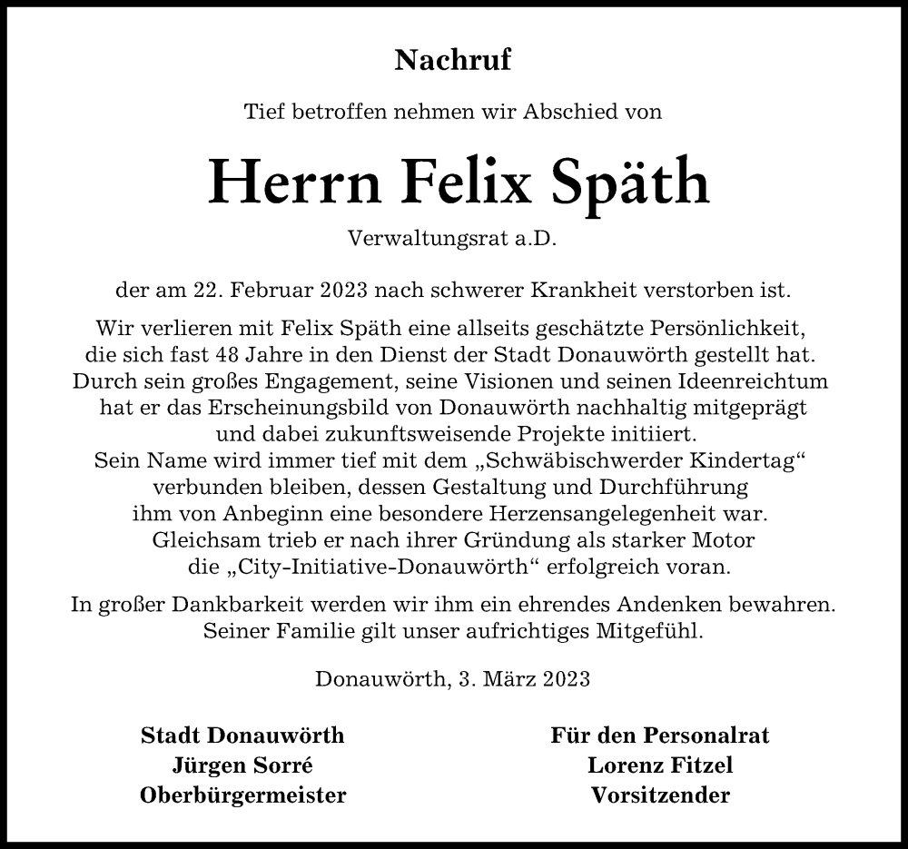  Traueranzeige für Felix Späth vom 03.03.2023 aus Donauwörther Zeitung