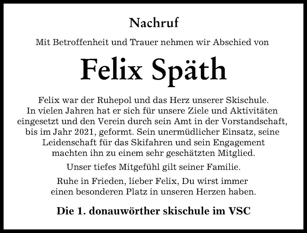 Traueranzeige von Felix Späth von Donauwörther Zeitung