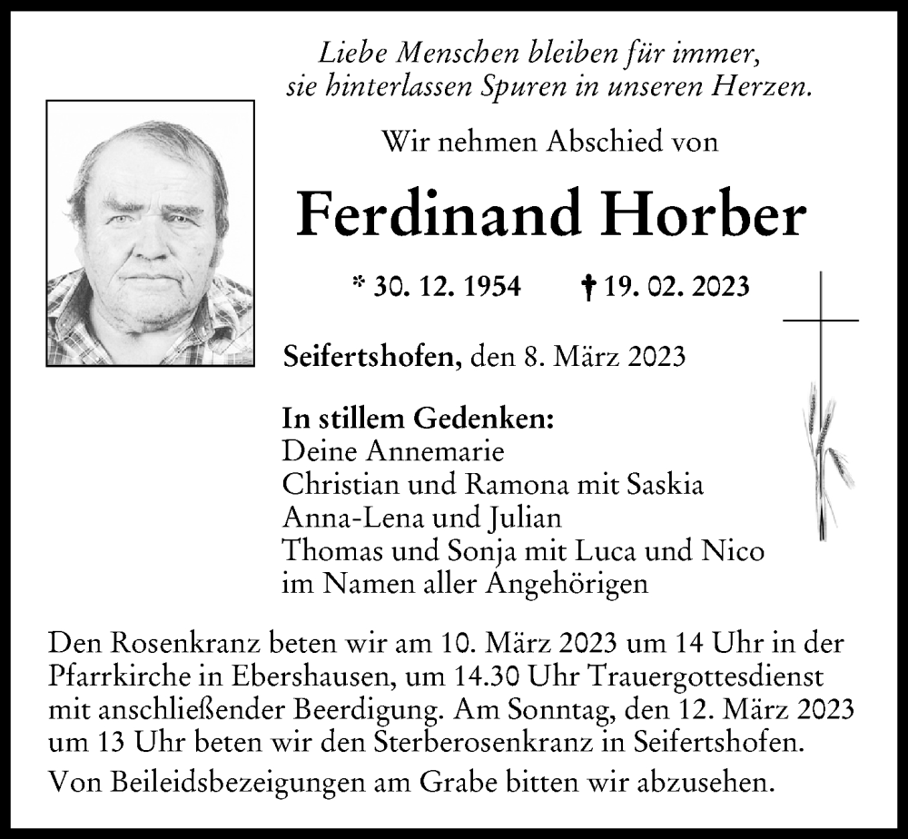  Traueranzeige für Ferdinand Horber vom 08.03.2023 aus Mittelschwäbische Nachrichten