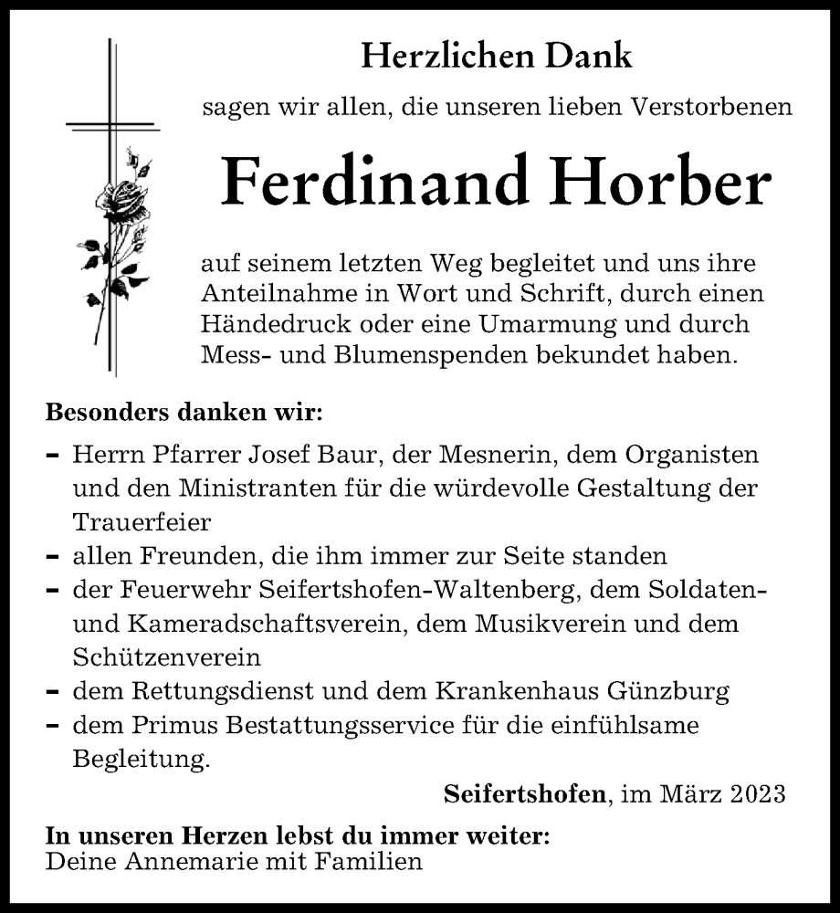  Traueranzeige für Ferdinand Horber vom 25.03.2023 aus Mittelschwäbische Nachrichten