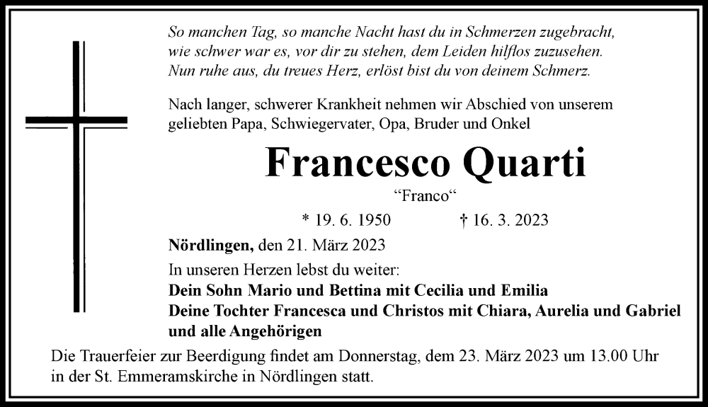  Traueranzeige für Francesco Quarti vom 21.03.2023 aus Rieser Nachrichten