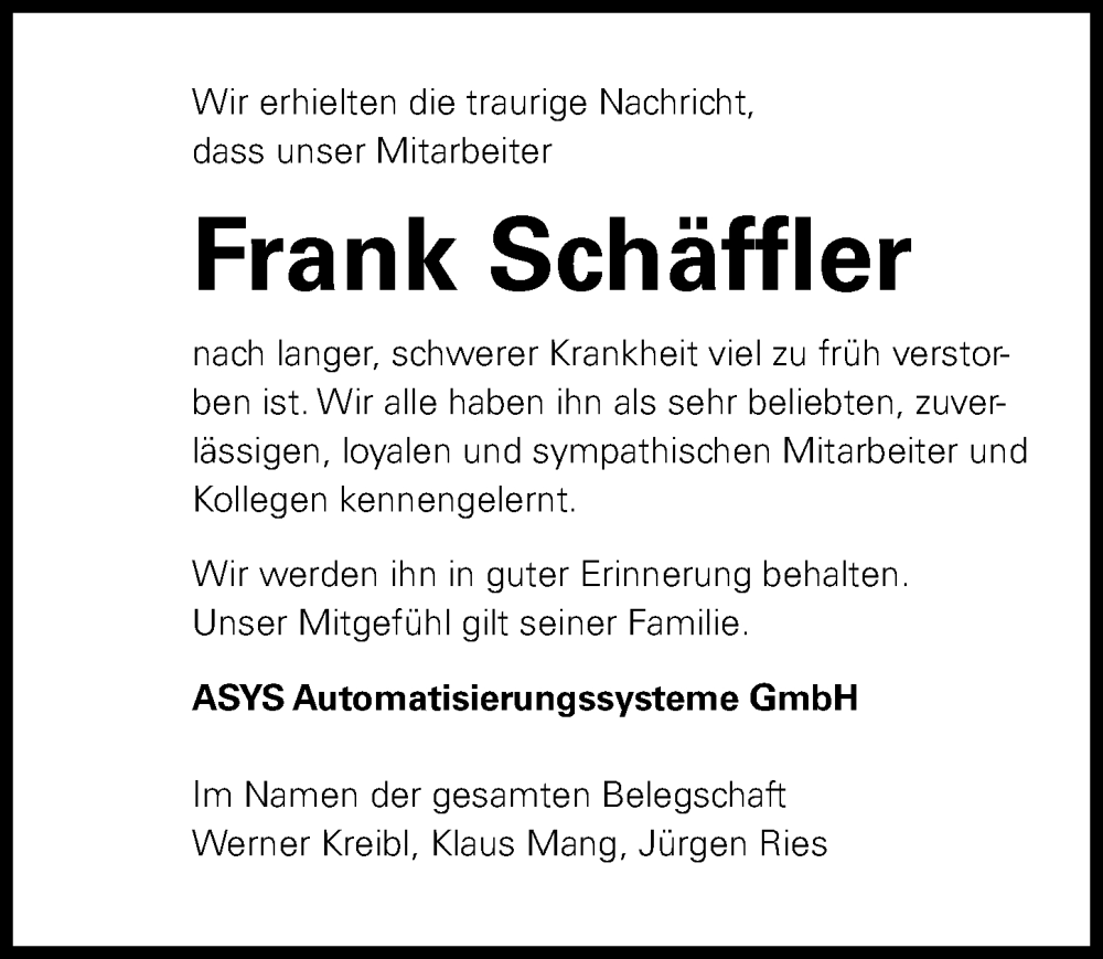  Traueranzeige für Frank Schäffler vom 31.03.2023 aus Günzburger Zeitung