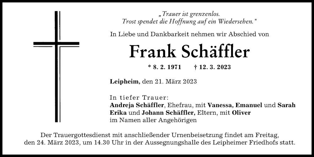  Traueranzeige für Frank Schäffler vom 21.03.2023 aus Günzburger Zeitung