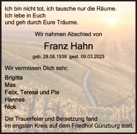 Traueranzeige von Franz Hahn von Günzburger Zeitung