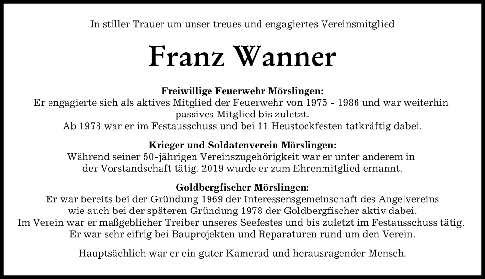 Traueranzeige von Franz Wanner von Donau Zeitung