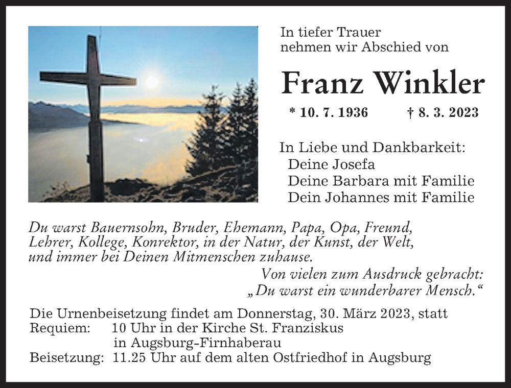  Traueranzeige für Franz Winkler vom 18.03.2023 aus Augsburger Allgemeine