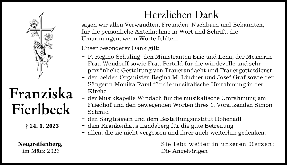  Traueranzeige für Franziska Fierlbeck vom 08.03.2023 aus Landsberger Tagblatt