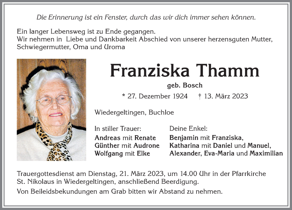 Traueranzeige von Franziska Thamm von Mindelheimer Zeitung