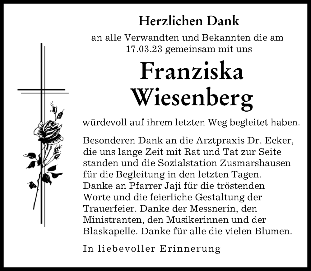  Traueranzeige für Franziska Wiesenberg vom 31.03.2023 aus Augsburg-Land